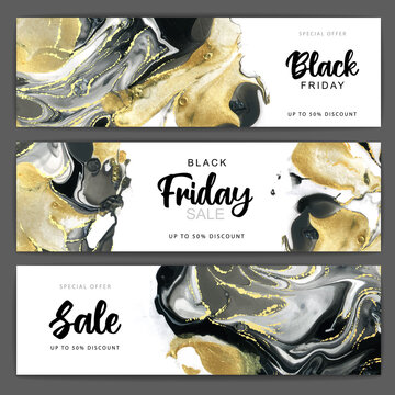 Set of Black friday big sale banners with Alcohol ink texture. Marble black and gold artistic background