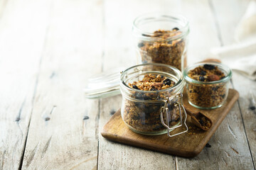 Traditional homemade granola in the jars