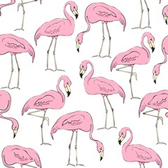 Flamingos on a background of tropical leaves and flowers. Seamless pattern. Flamingo cartoon print. Vector clipart element for design of fabric, paper, wallpaper, backgrounds.