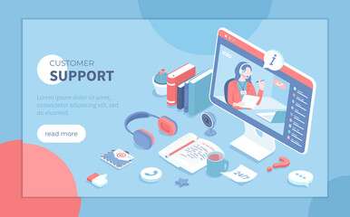 Fototapeta na wymiar Customer service, support, technical assistant or call center. Hotline helpdesk. Professional online consultant operator help clients with problems. Isometric vector illustration for banner, website.