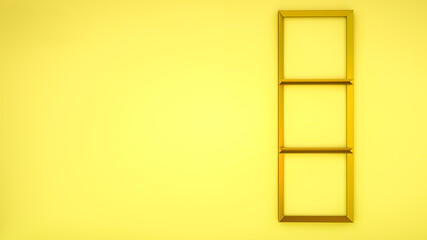 golden rectangular frames on a yellow background. blank square frames for photos. 3d render illustration