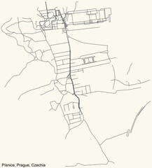 Black simple detailed street roads map on vintage beige background of the municipal district Písnice cadastral area of Prague, Czech Republic