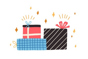 Pile of different gift boxes for holiday. Stack of wrapped presents decorated with bows and various patterns. Colored flat vector illustration of festive packages isolated on white background