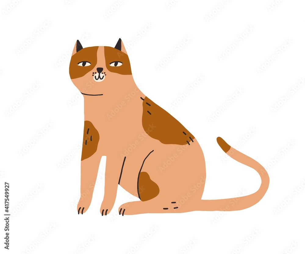 Poster cute smiling cat sitting. funny kitty with happy muzzle drawn in doodle style. colored flat vector i