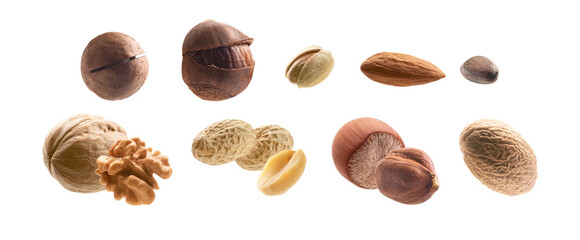 Large collection of different nuts on a white background