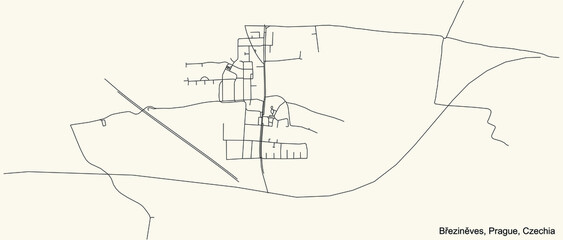 Black simple detailed street roads map on vintage beige background of the municipal district Březiněves cadastral area of Prague, Czech Republic