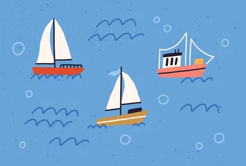 Papier Peint photo Chambre de bébé Yachts, bateaux et navires mignons avec des voiles flottant dans la mer ou l& 39 océan. Voiliers bébé dans l& 39 eau. Illustration vectorielle texturée à plat de couleur de petits navires marins