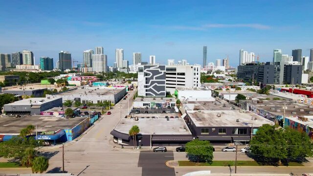Aerial drone view over streets of the Wynwood, sunny day, in Miami, Florida