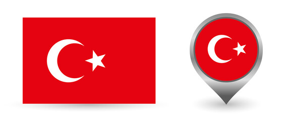 Vector flag Turkey. Location point with flag Turkey inside. Color symbol isolated on white background.