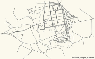 Black simple detailed street roads map on vintage beige background of the municipal district Petrovice cadastral area of Prague, Czech Republic