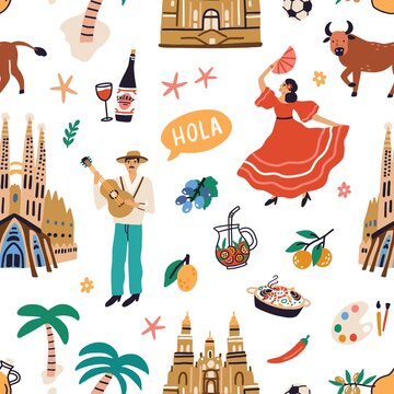 Seamless pattern with famous symbols of Spanish culture. Endless repeatable texture with national buildings, dancers, fruits and food of Spain. Colored flat vector illustration on white background