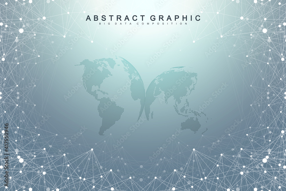 Poster Abstract perspective background with connected line and dots. Network and connection background for your presentation. Big data visualization. Graphic polygonal background. Vector illustration.