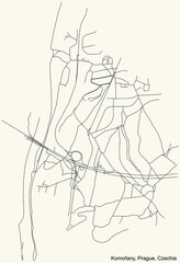 Black simple detailed street roads map on vintage beige background of the municipal district Komořany cadastral area of Prague, Czech Republic