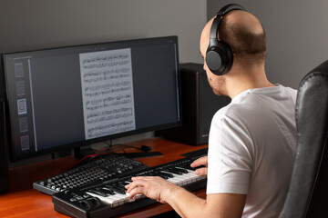 Man hands playing the piano and watching computer