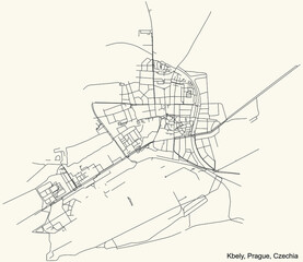Black simple detailed street roads map on vintage beige background of the municipal district Kbely cadastral area of Prague, Czech Republic
