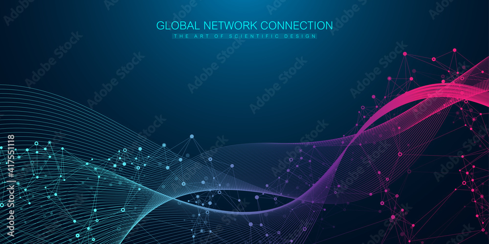 Leinwandbilder Geometric abstract background with connected lines and dots. Connectivity flow point. Molecule and communication background. Graphic connection background for your design. Vector illustration.