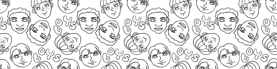 Seamless pattern with cartoon face vector people. Hand drawn line art illustration. Outline doodle head of kids boys girls. Childish texture backdrop
