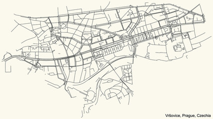 Black simple detailed street roads map on vintage beige background of the municipal district Vr&scaron;ovice cadastral area of Prague, Czech Republic