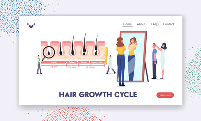 Hair Growth and Loss Cycles Landing Page Template. Tiny Doctor Character at Huge Medicine Infographics