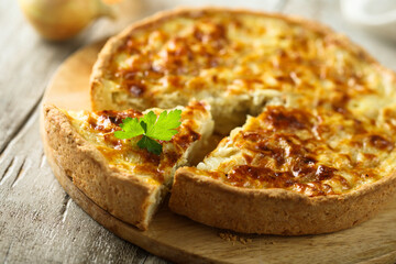 Traditional homemade onion pie or quiche