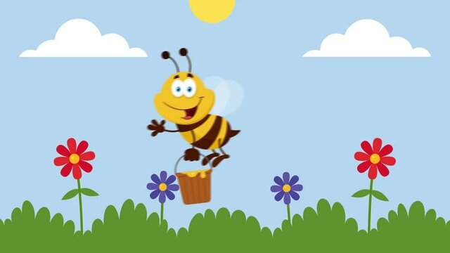 Bee Cartoon Character Flying With Bucket In The Garden. Vector Illustration Flat Design With Background And Text