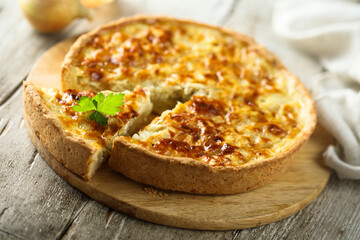 Traditional homemade onion pie or quiche