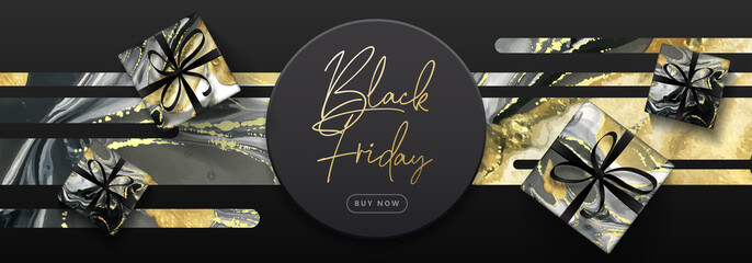 Black friday big sale banner with Alcohol ink texture. Marble black and gold artistic background