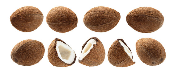 A set of Whole and half cocoanuts. Isolated on a white background
