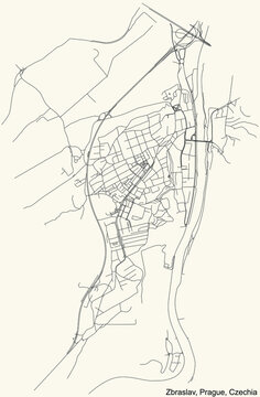 Black simple detailed street roads map on vintage beige background of the municipal district Zbraslav cadastral area of Prague, Czech Republic