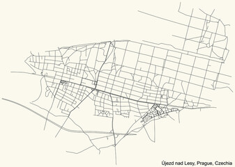 Black simple detailed street roads map on vintage beige background of the municipal district Újezd nad Lesy cadastral area of Prague, Czech Republic