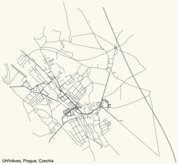 Black simple detailed street roads map on vintage beige background of the municipal district Uhříněves cadastral area of Prague, Czech Republic
