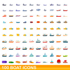 100 boat icons set. Cartoon illustration of 100 boat icons vector set isolated on white background