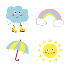 Set of cute cartoon characters and design elements for children's party. Cloud, sun, rainbow and umbrella. Vector illustration.