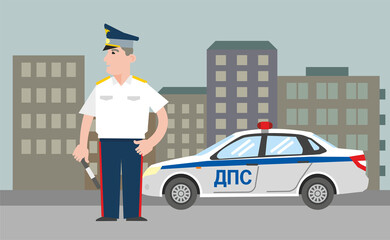 Traffic police officer at work holds a rubber truncheon. A police officer in uniform stands near a police car against the backdrop of city houses. Flat infographics. Vector illustration.