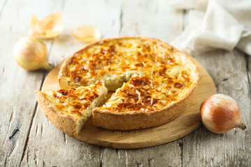 Traditional homemade onion pie or quiche