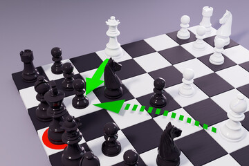 Checkmate. Chess board with white queen ready to make the winning move. 3D illustration