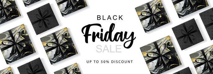 Black friday big sale banner with Alcohol ink texture. Marble black and gold artistic background