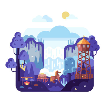 Nature square background, cute flat design with waterfall, horse with cart, water tower and bonfire. Vector cartoon flat illustration.
