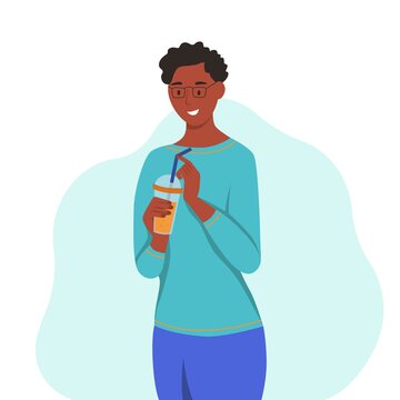 A young woman in a blue dress drinks a smoothie, fresh juice, a cocktail. The concept of proper nutrition, healthy lifestyle. Fat cartoon illustration.