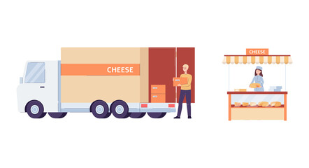 Cheese dairy factory set of delivery and sale, flat vector illustration isolated.