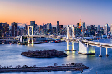 Tokyo skyline with Rainbow Bridge and Tokyo Tower at dusk - obrazy, fototapety, plakaty