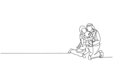One continuous line drawing of young happy Islamic mom and dad hugging their boy son together on the floor. Muslim happy family parenting concept. Dynamic single line draw design vector illustration