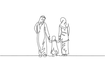 Fototapeta na wymiar Single continuous line drawing of young Islamic mom and dad walk while hold their daughter girl's hand together. Arabian Muslim happy family parenting concept. One line draw design vector illustration
