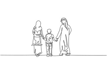 One single line drawing of young Islamic mom and dad walking together and hold their boy's hand vector illustration. Arabian muslim happy family parenting concept. Modern continuous line draw design