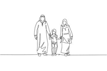 Fototapeta na wymiar Single continuous line drawing of young Arabian mom and dad walking and holding their daughter's hand together. Islamic muslim happy family parenting concept. One line draw design vector illustration