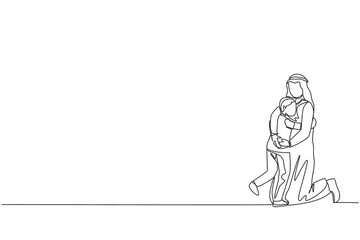 One single line drawing of young Arabic father playing and hugging boy son full of love warmth vector illustration. Islamic muslim happy family parenting concept. Modern continuous line draw design