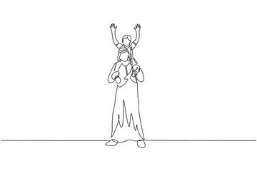 Single continuous line drawing of young happy Islamic dad playing and lifting his boy son on shoulder. Arabian muslim happy family parenting concept. One line draw design vector illustration