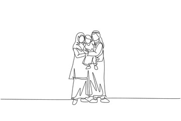 One single line drawing of young happy Arabian mom and dad lifting and hugging their daughter girl together vector illustration. Muslim happy family parenting concept. Continuous line draw design