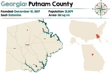 Large and detailed map of Putnam county in Georgia, USA.