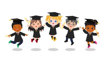 Cute boy and girl in graduation gown jumping together. Flat vector cartoon character design isolated